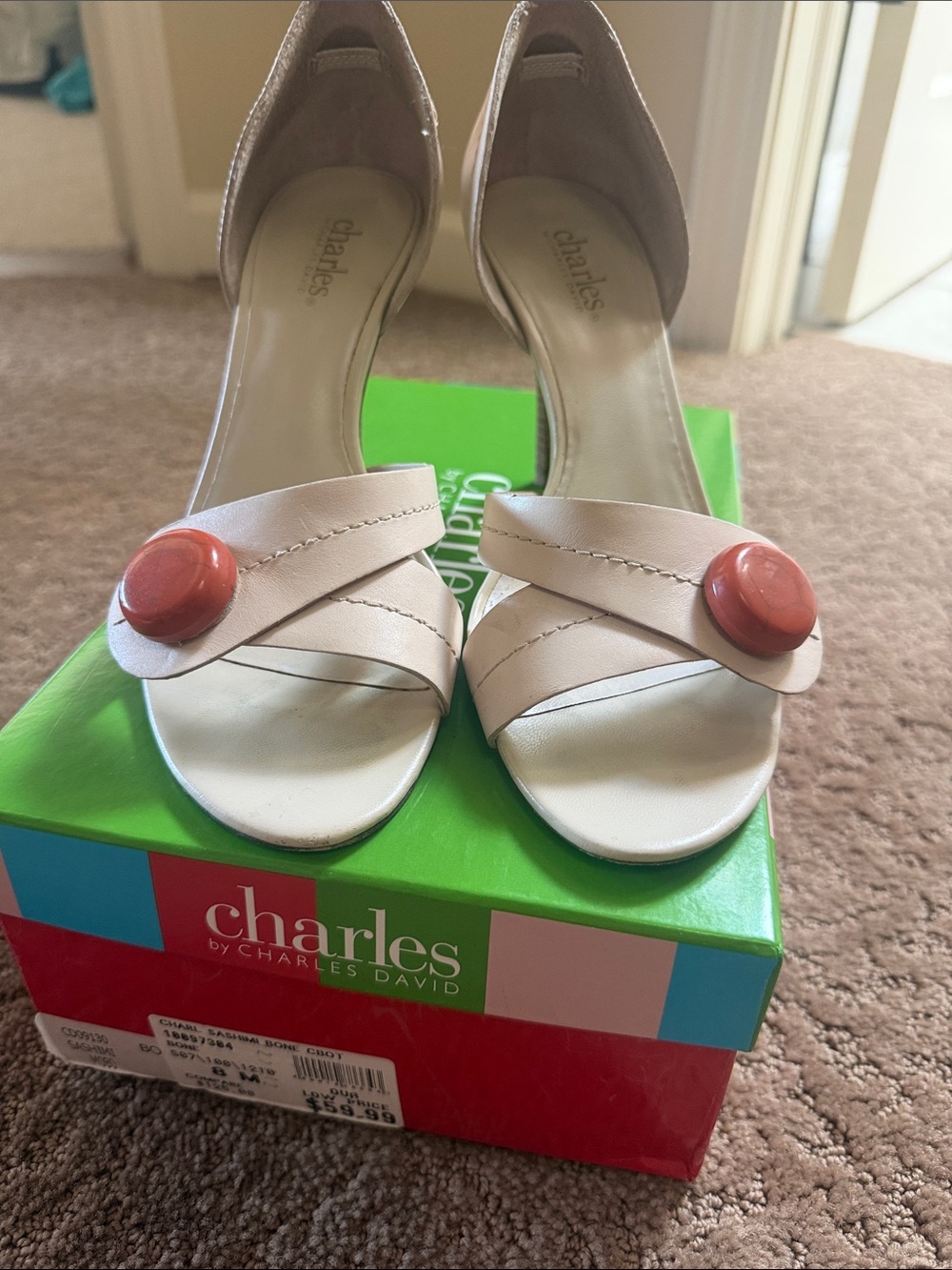 Charles by Charles David Blush Open-Toe Heels with Coral Button